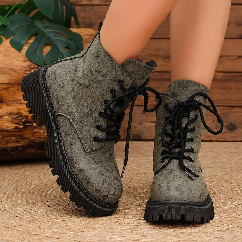 2026 Heightened New Platform Outdoor Retro Casual Booties Women's All-match Lace-up Block Heel Shoes