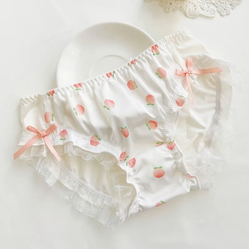 3XL Large Plus Big Size Cute Lovely Sweety Milk Silk for Busty Women Bow Lolita Princess Style Cosplay Panties Peach Breifs