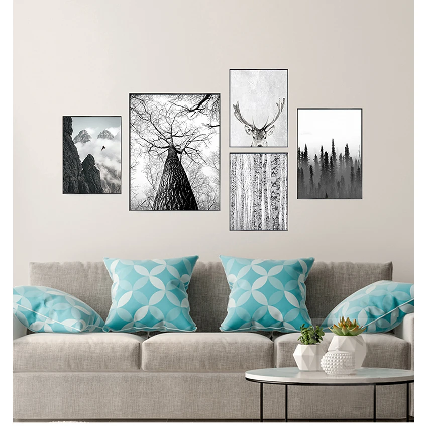 Wall Art Print Minimalist Painting Living Room Picture Scandinavian Forest Deer Eagle Black White Landscape Canvas Poster Nordic