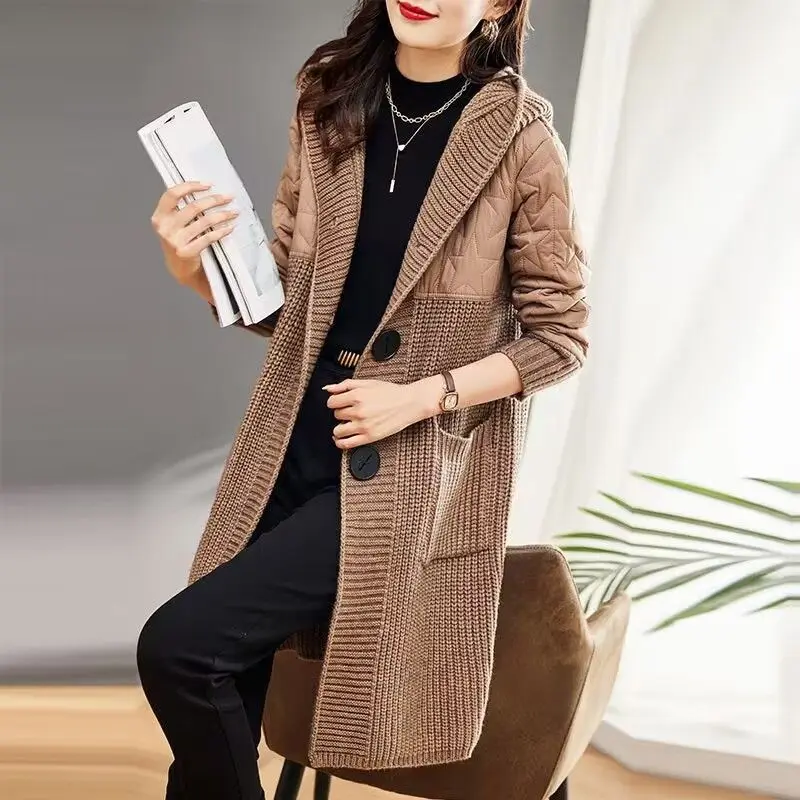 Fashion Hooded Button Pockets Spliced Casual Cardigan Sweaters Women\'s Clothing 2023 Winter Oversized Knitted Commuter Tops