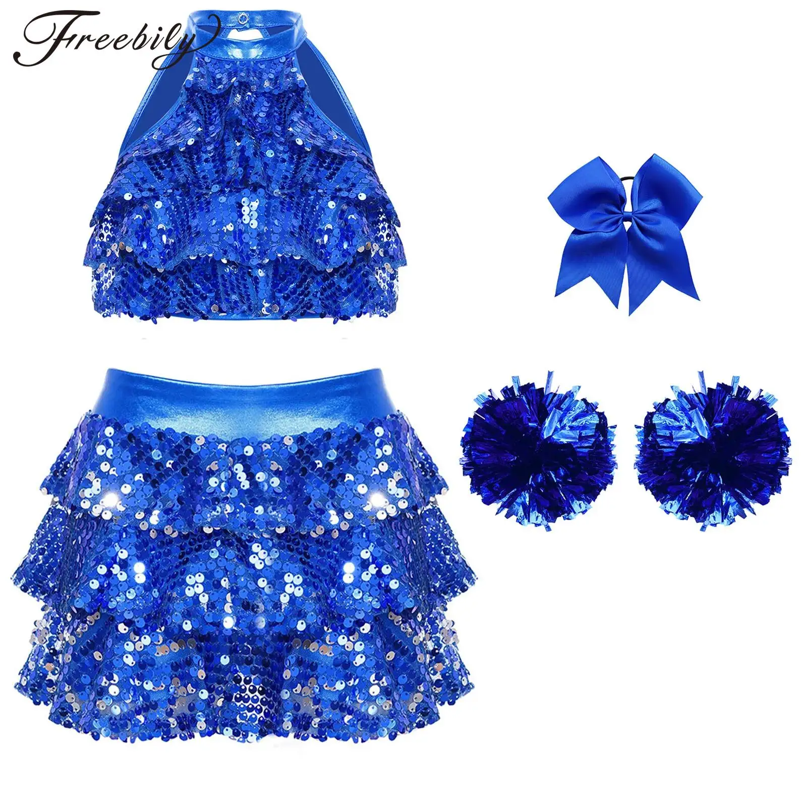 Kids Girls Cheerleading Costume Fashion Jazz Dance Outfits Children's Shiny Sequins Tiered Top Ruffled Culottes Dancewear Set