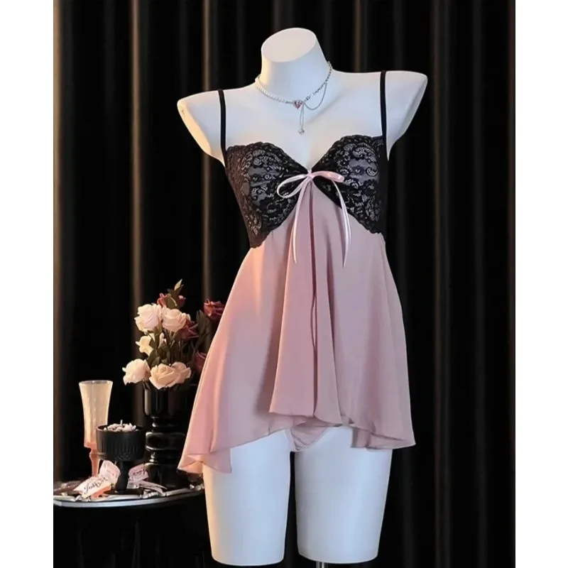 

French Chiffon Lace Nightdress for Women,Elegant Pink Halter Design with Ice Silk Fabric,Lightweight and Smooth Home Pajama