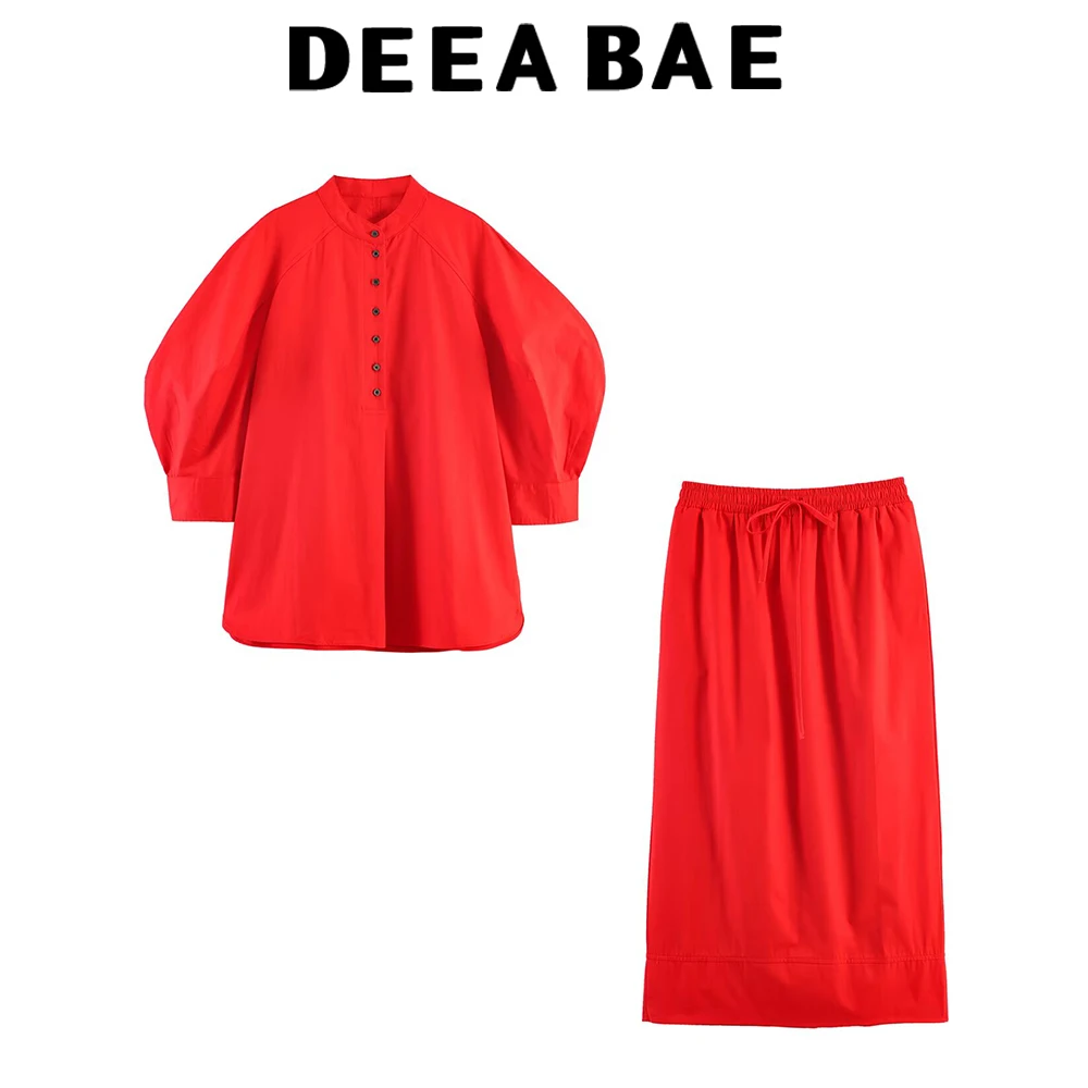 

DEEABAE European and American style women's clothing new 2026 fashionable solid color bubble sleeve shirt high waist skirt set