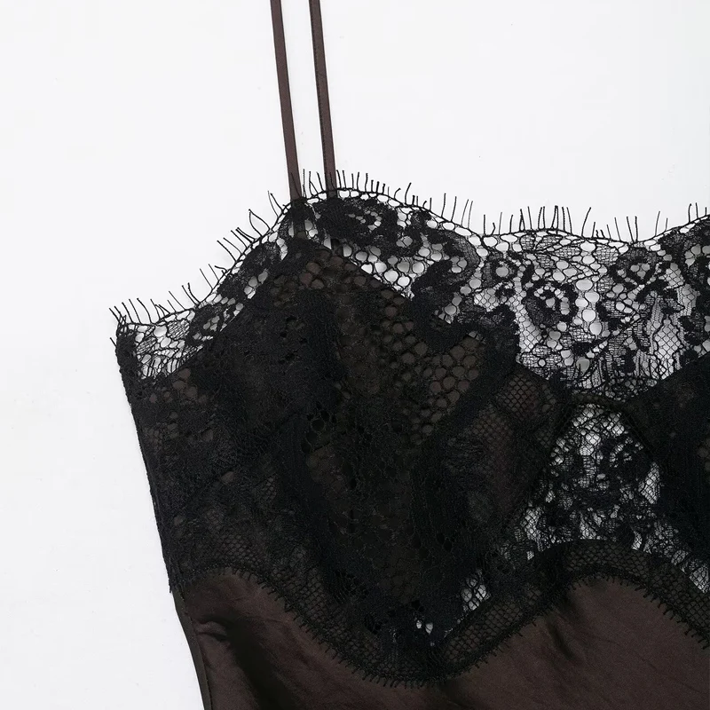 Abito da donna Abito a canotta in raso marrone con finiture in pizzo nero Abiti da festa eleganti senza schienale Abiti da sera sexy con orlo asimmetrico