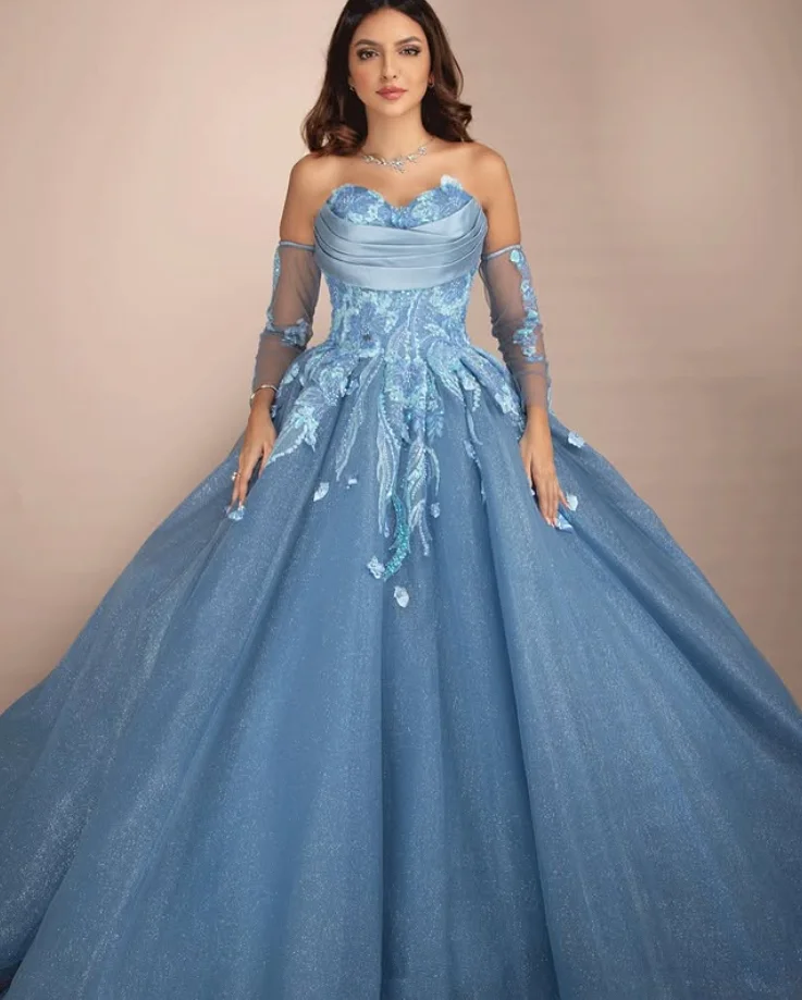 Sparkly Grey Blue Evening Formal Dresses Gillter Floral Applique Remove Sleeve Customsized Prom Gala Gown Customsized