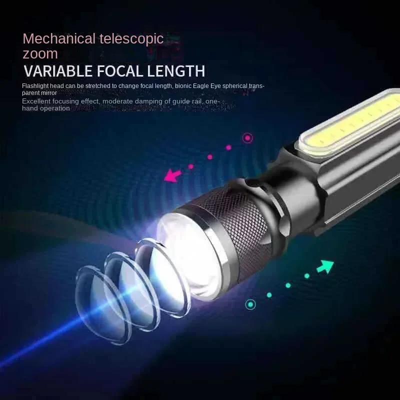 T6 Cob Strong Light USB Charging Aluminum Alloy Torch Telescopic Focusing with Magnet Working Light Car Repair Light