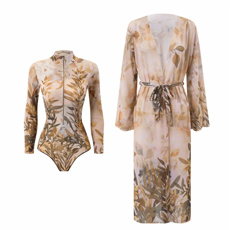 2Pcs Tribal Tattoo Print Swimwear Set Front Zip Long Sleeve Rash Guard + Belted Mesh Kimono Cover Up UPF35++ Beach Bathing Suit