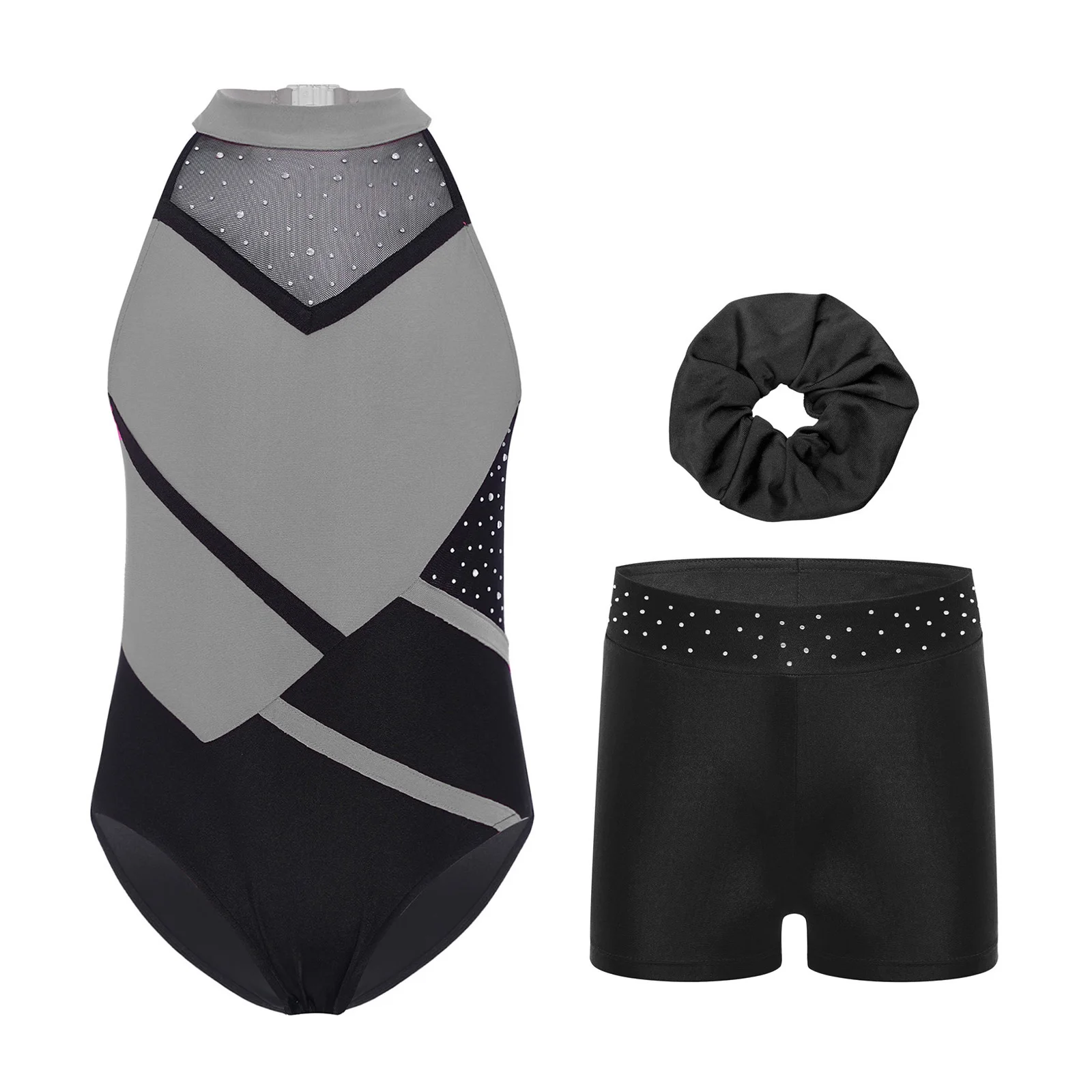 

Girl Gymnastics Yoga Dance Leotards Outfit Strappy Back Color Block Glittery Rhinestones Leotard with Shorts And Hairband Sets