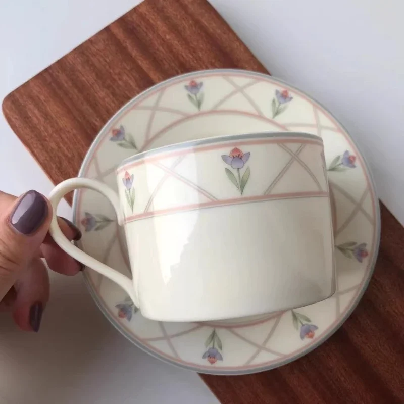 Medieval cup, milky white mug, saucer floral American retro