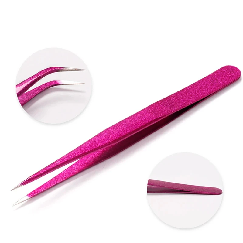 1pcs pink stainless steel tweezers straight curved pick up tools eyelash extension pointed nipper clip manicure nail art tool