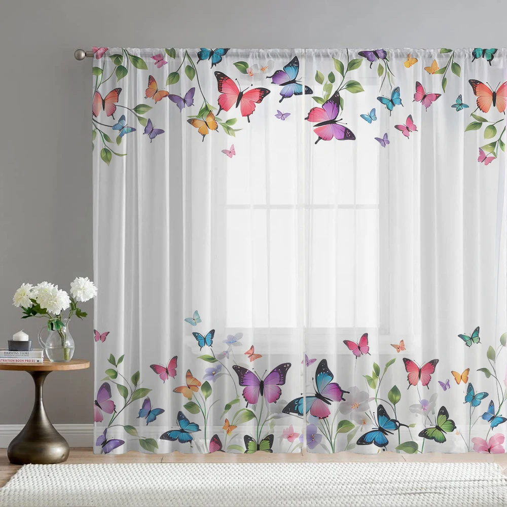 2Pcs Small Grass And Colorful Butterfly Group Print Home Decoration Window Screens Suitable For Coffee Shops, Restaurants