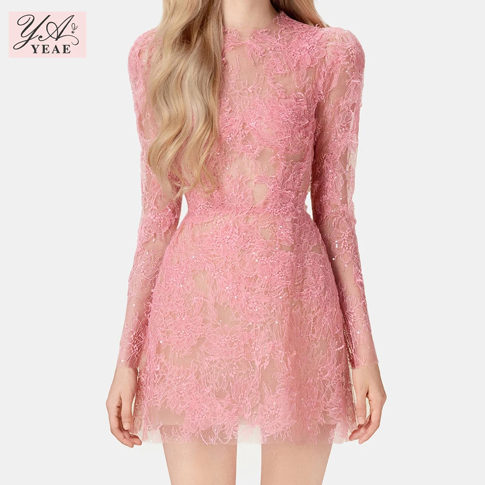 Beaded Lace Midi Dress Lace dress long sleeve three-dimensional petal perspective skirt