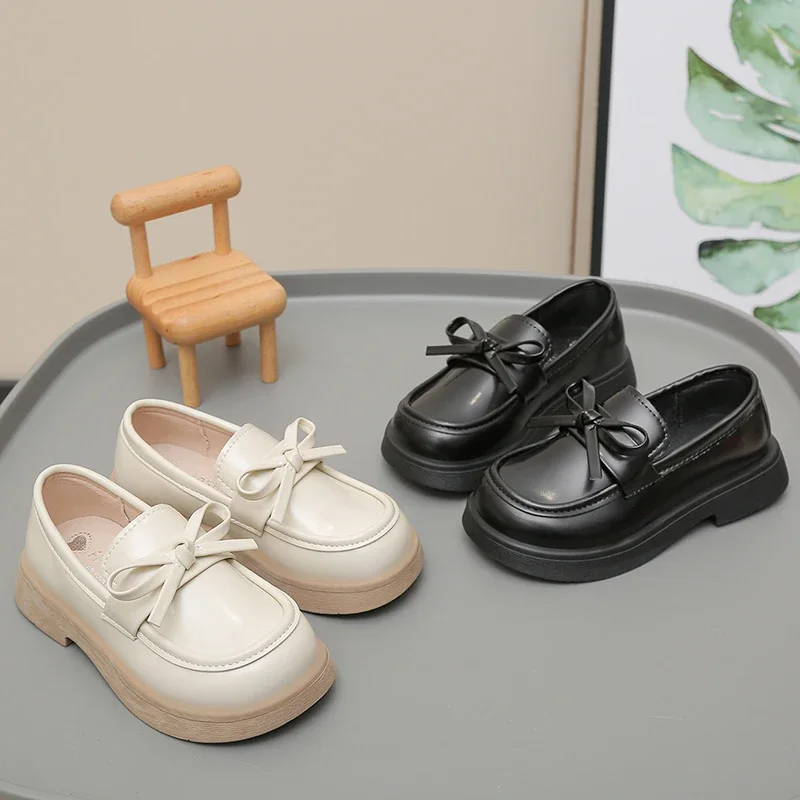 Girls School Uniform Shoes for Students Leather Shoes Black Matte 2025 New Fashion Children Flat Shoes Simple Bows Soft Sole