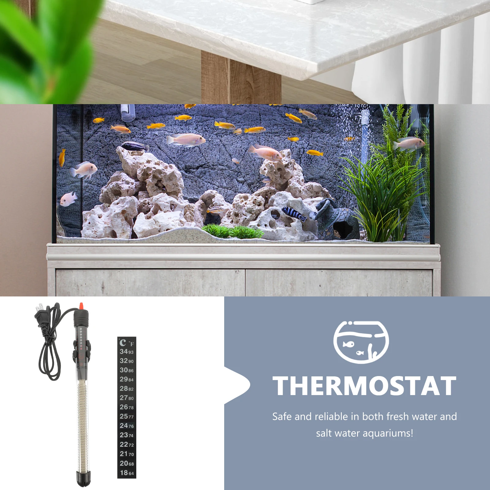 

2pc 300W Submersible Aquarium Heater Thermometer Kit For Fish Tank Freshwater Saltwater Auto Shut-Off Temperature Control Pet