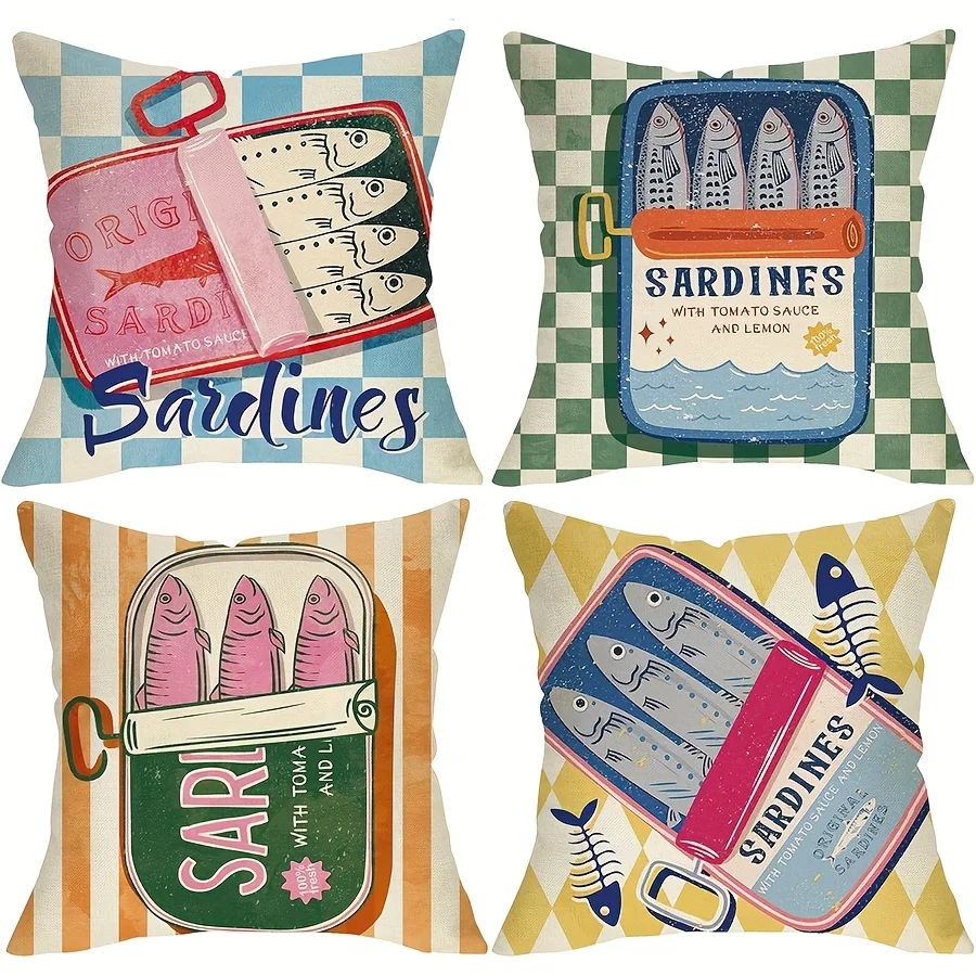 4Pcs Retro Coastal Throw Pillow Covers with Hand Drawn Canned Fish Seafood Art Cushion Cases for Balcony Holiday Party Decor