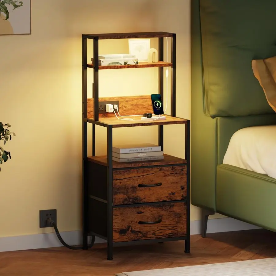 

Night Stand, Tall Nightstand with 4Tier Shelves, 2 Fabric Drawers and Light Tube, Bed Side Tables with Charging Station, Bedsid