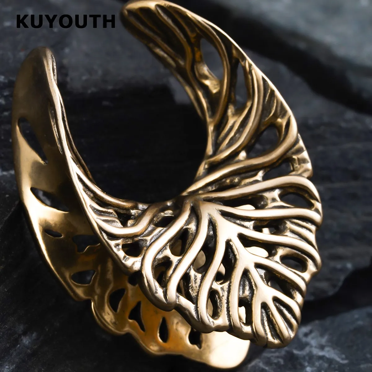 � KUYOUTH Blattförmige Ohr-Tunnel, Hohle Dehner, Sattel-Expander, Piercing-Schmuck, Ohrringe aus Kupfer, 2 Stück – Detail 8