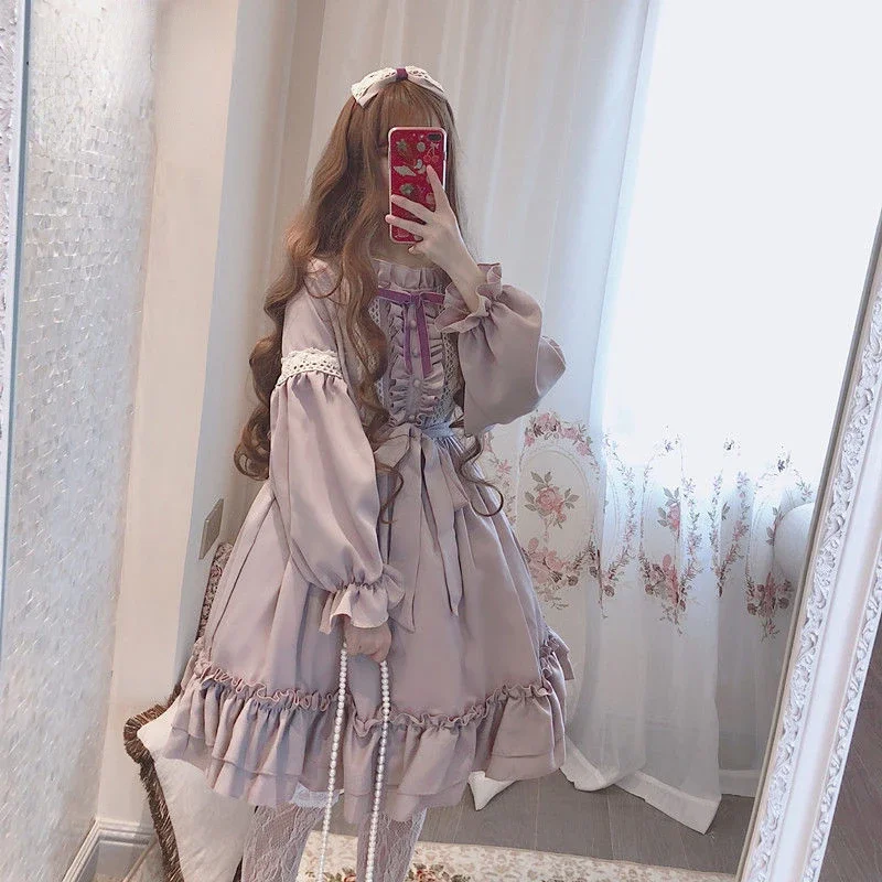 Alice In Wondeland Cute Women Lolita ON Dress Flouncing Lace Trim Japanese Harajuku Long Sleeves Doll Teen Dress Fairy Vessidos