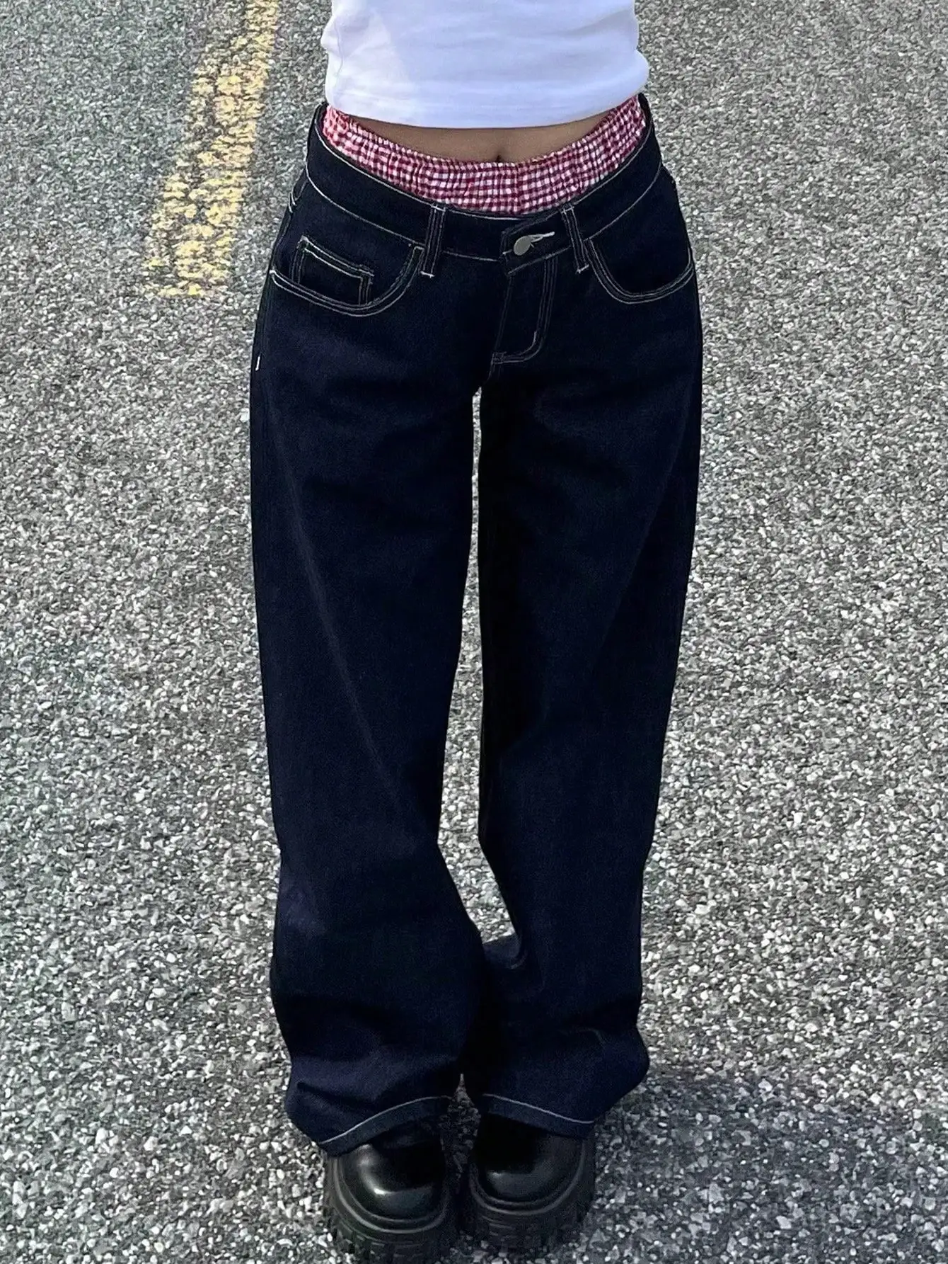 

Широкие джинсы с высокой талией и наклонными карманами для женщин, повседневная уличная одежда, осенний образ