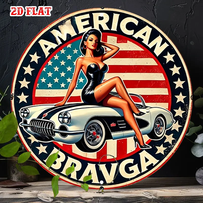 2D-Plakat, 1 Stück, klassisches Auto, rundes Holzschild, Retro-amerikanisches weibliches Symbol, geeignet für Raumdekoration