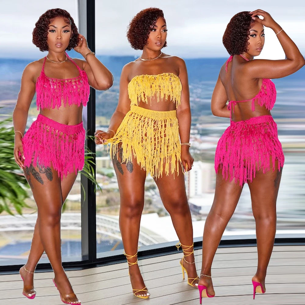 

Crochet Knitted Dress Two Piece Skirt Sets 2023 Summer Women Clothes Sexy Crop Tops Elegant Knit Dress 2 Pieces Set Beach Outfit