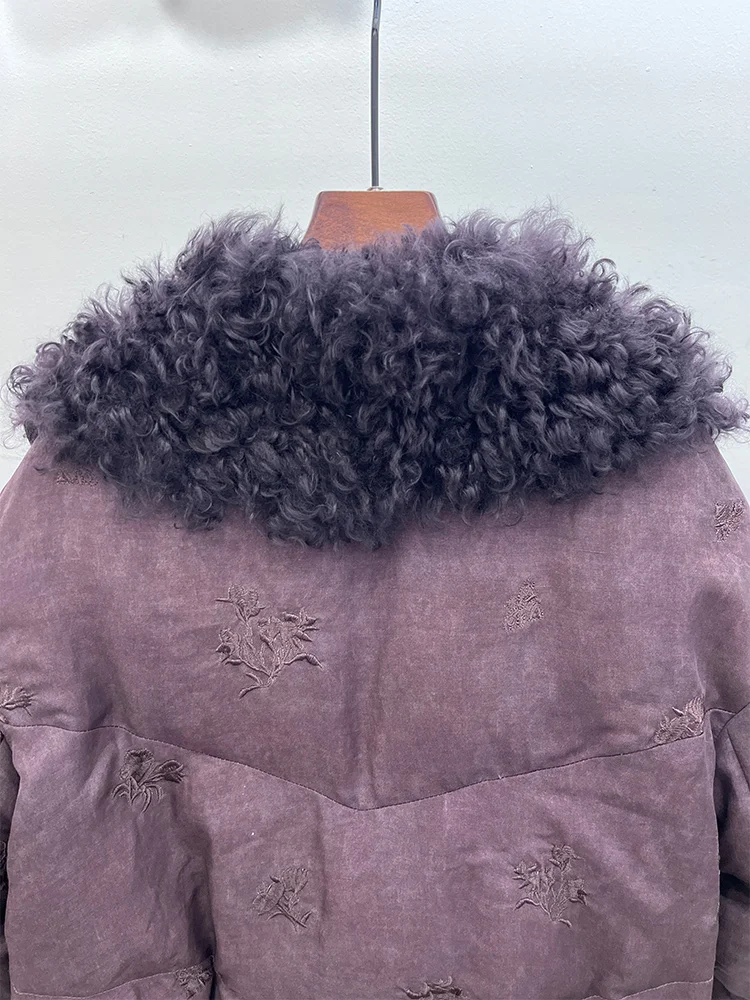 2025 Winter Natrual Real Sheep Lamb Fur Collar Women's Warm Denim Coat Goose Down Jacket Luxury Thick Outwear Female Coats