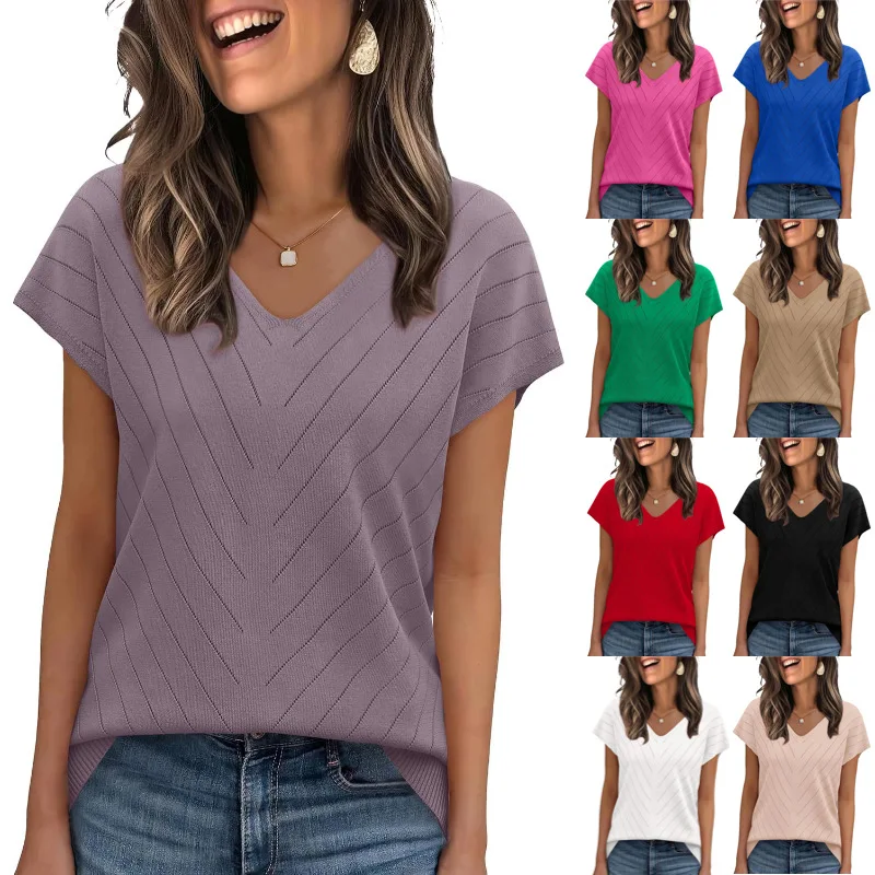 

European and American Summer Women's New Knitted Shirt Top Shoulder T-shirt Inner Wear Summer Outer Wear