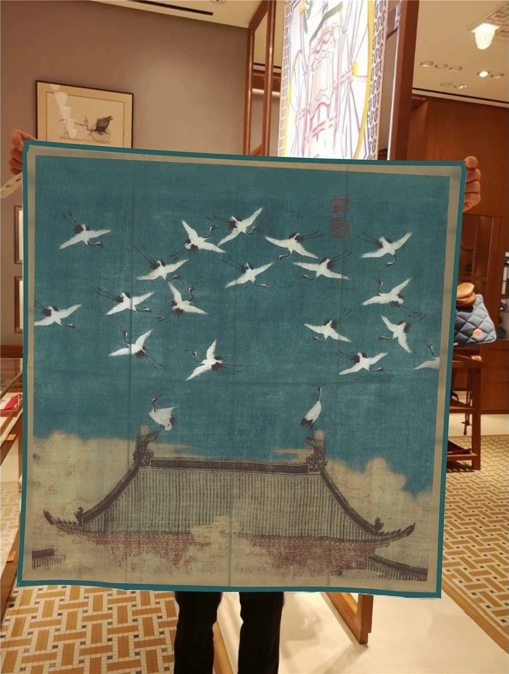 Jilbab Selendang Kepar Persegi 90CM Retro untuk Wanita Syal Foulard Bandana Cetak Burung Putih