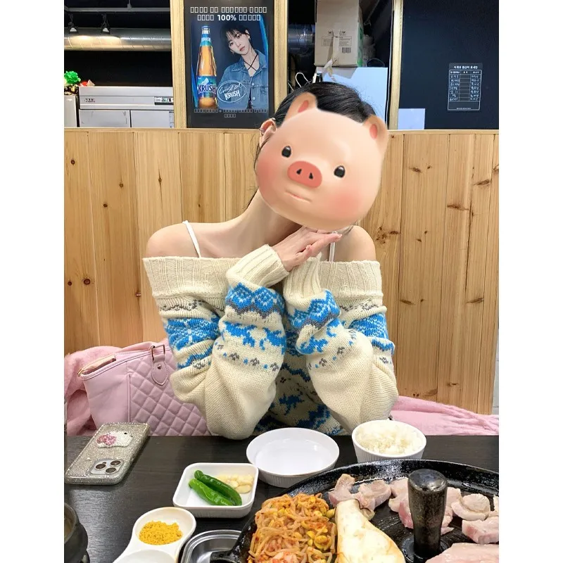 Nordic Sle Cisas свитер женский на одно плечо ленивый вязаный топ зимняя мода повседневный свободный крой длинный узл све