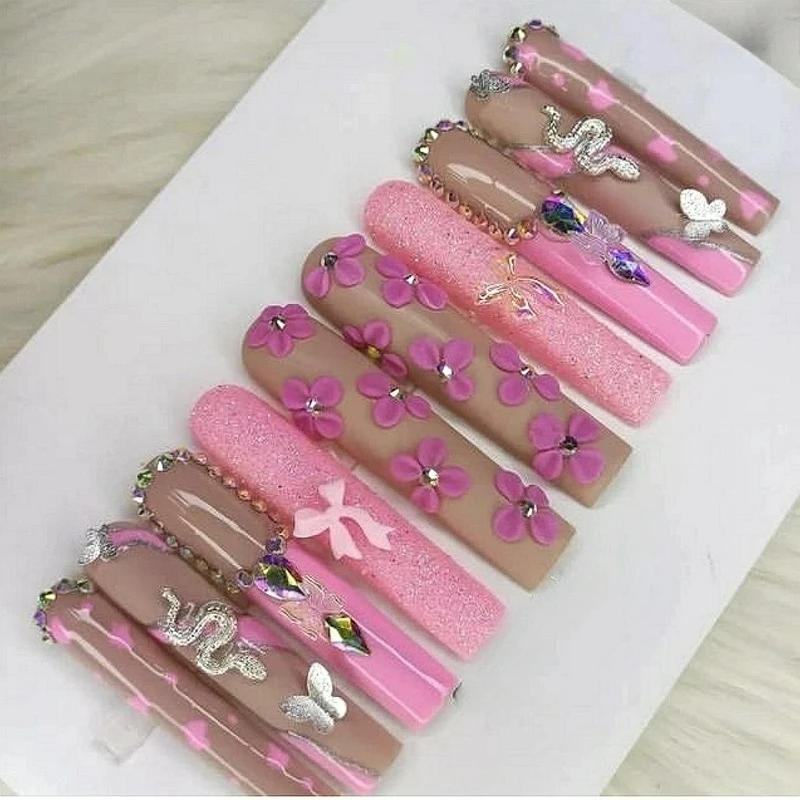 Uñas postizas Extra largas hechas a mano, uñas postizas con diamantes de imitación brillantes, reutilizables Y2K, Arte con pegamento