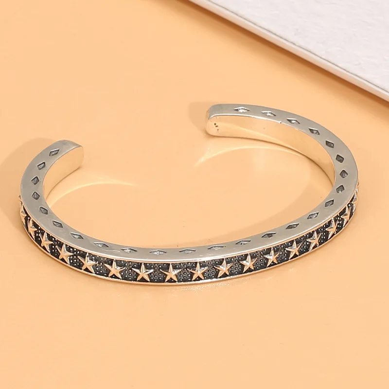 

S925 sterling silver Korean style retro five-pointed star adjustable wide bracelet men and women domineering tomb cross bracelet