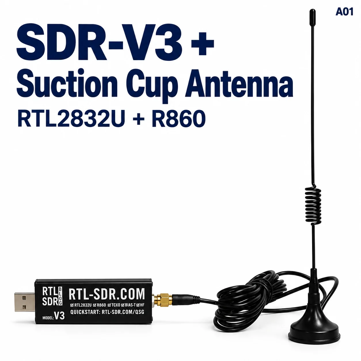 RTL-SDR V3 USB Software Defined Radio Receiver RTL2832U R860 500kHz-1.7GHz 1PPM TCXO with Suction Cup Antenna Kit