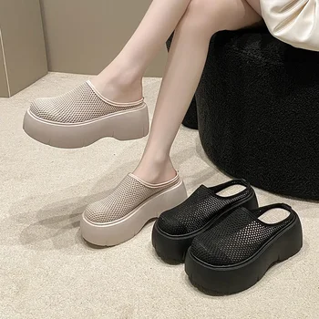 여성용 메쉬 하이힐 뮬 슬리퍼, 웨지 플랫폼 샌들, 2024 여름 원피스 슬링백 펌프, 브랜드 Mujer Zapatos 슬라이드