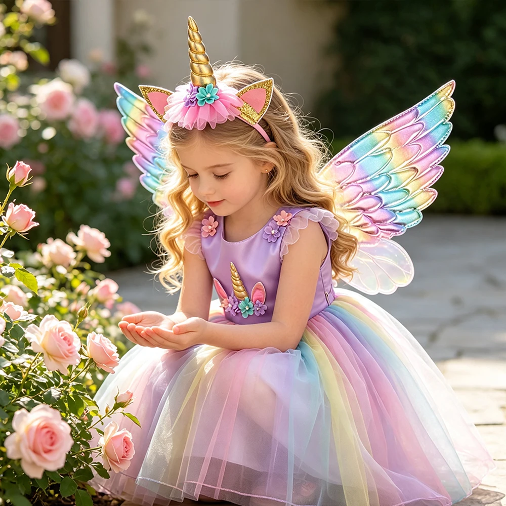 Einhorn-Kleid für Mädchen, Buchwochen-Kostüm, Kinder-Regenbogen-Kleid, Buntes Sommerkleid, Festliches Geburtstagskleid, Prinzessinnen-Halloween-Kostüm – Detail 8
