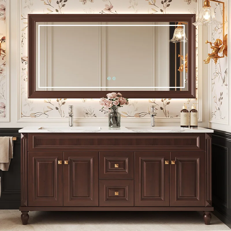 

Modern Oak Bathroom Cabinet Marble Seamless One-piece Basin Smart Mirror Dressing Table Sink Wash Basin Set For School