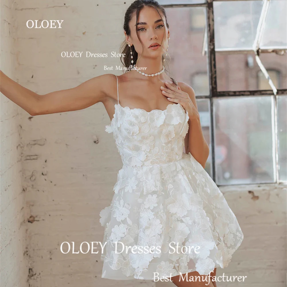 OLOEY Exquisite Ivory Mini Wedding Dresses 3D Appliques Embroidery Lace Photoshoot Spaghetti Straps Bridal Gowns Corset Back