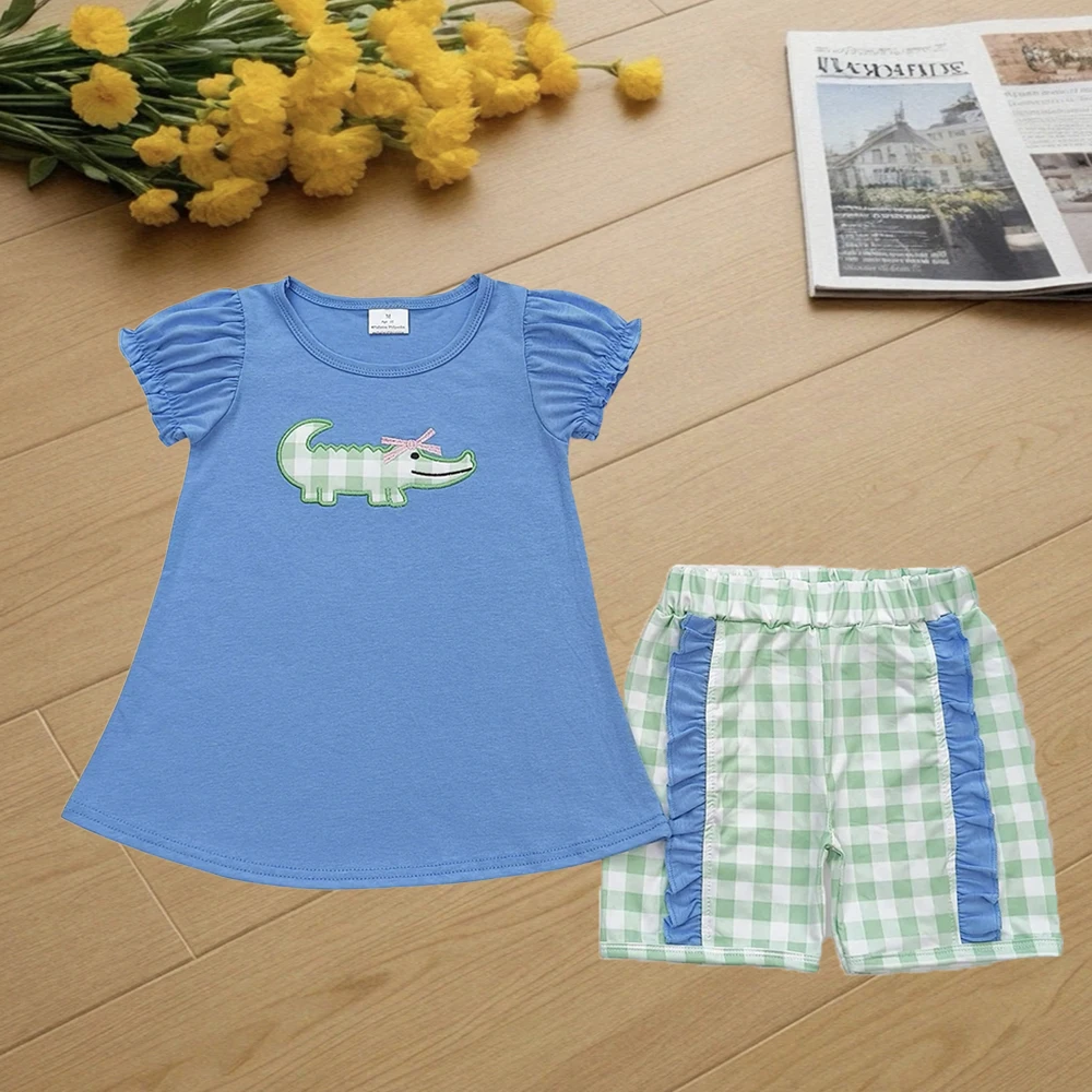 

9.3 Baby Girls Summer Outfits Baby Girls Crocodile Shirt Green Checkered Shorts Clothes Sets