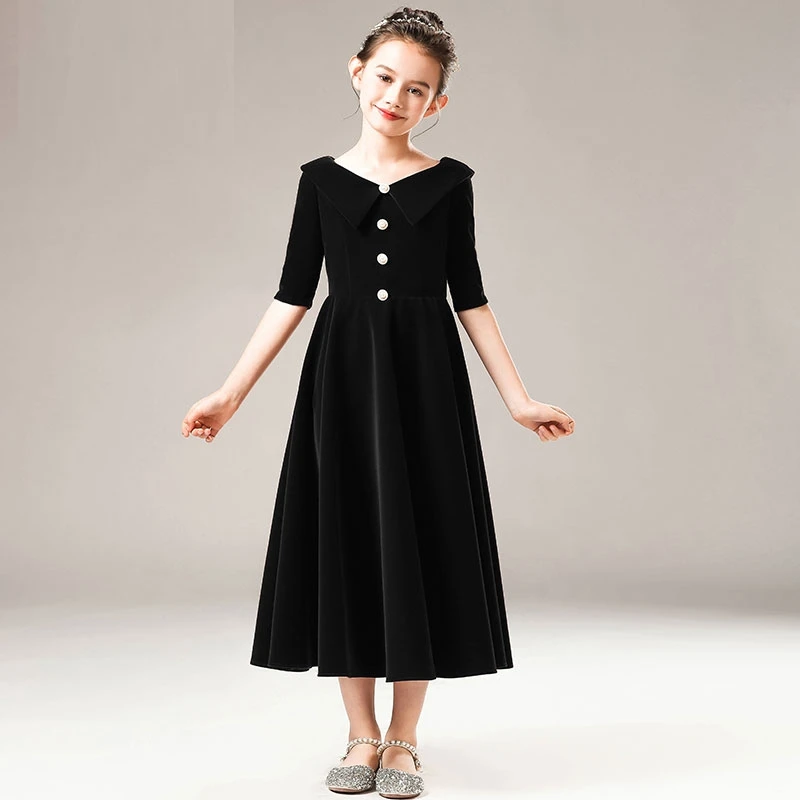 Flower Girl Dresses Black Princess Skirt Long Sleeve Flannel Piano Orchestral Playing Choir Performance Winter Gowns