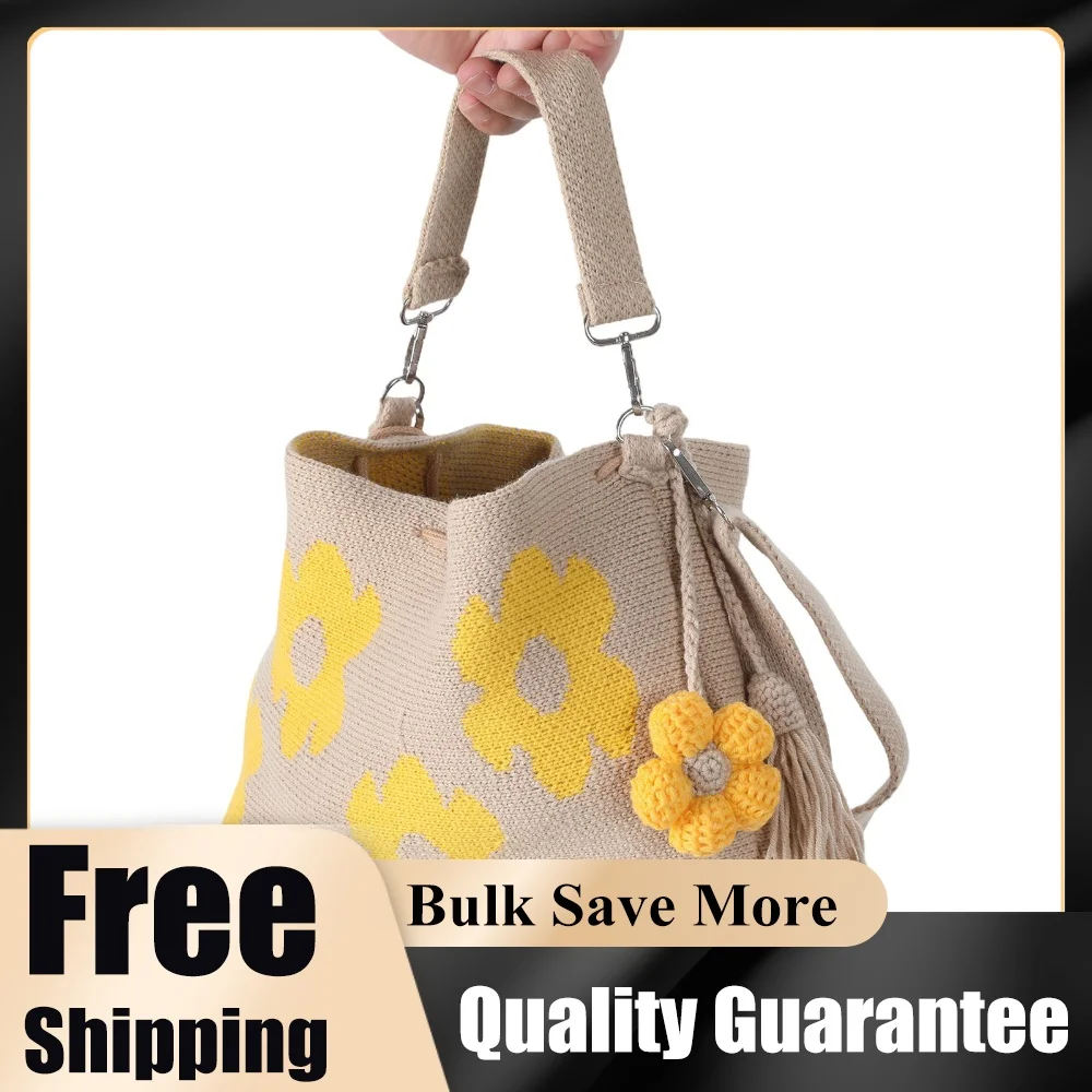 Crossbody Shoulder Bag with Flower Tassel Embroidery Aesthetic Boho Bag Hand-Crochet Woven Beach Bag for Women Vacation