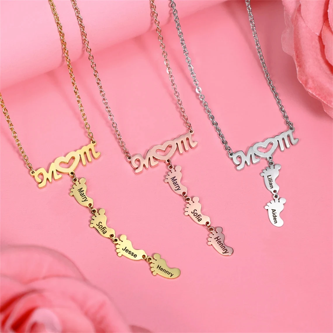

Custom MOM Necklace Personalized Stainless Steel Cute Baby Feet Black Printed Name Pendant Necklaces Women Jewelry Mother's Gift