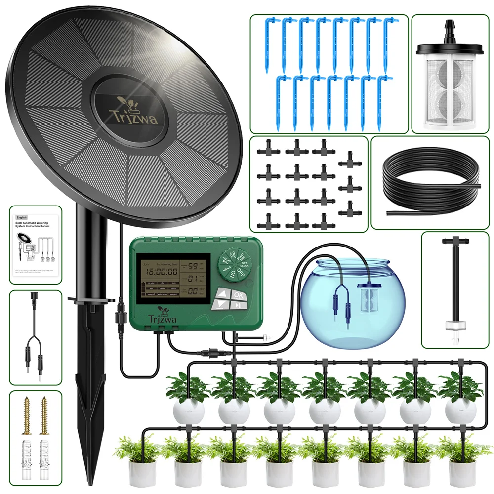Solar Drip Irrigation System with Smart Timer&Water Shortage Warning Function, Automatic Watering Kit with 15m Hose&15 Drip Heads, Suitable for Plants/Vegetables/Trees
