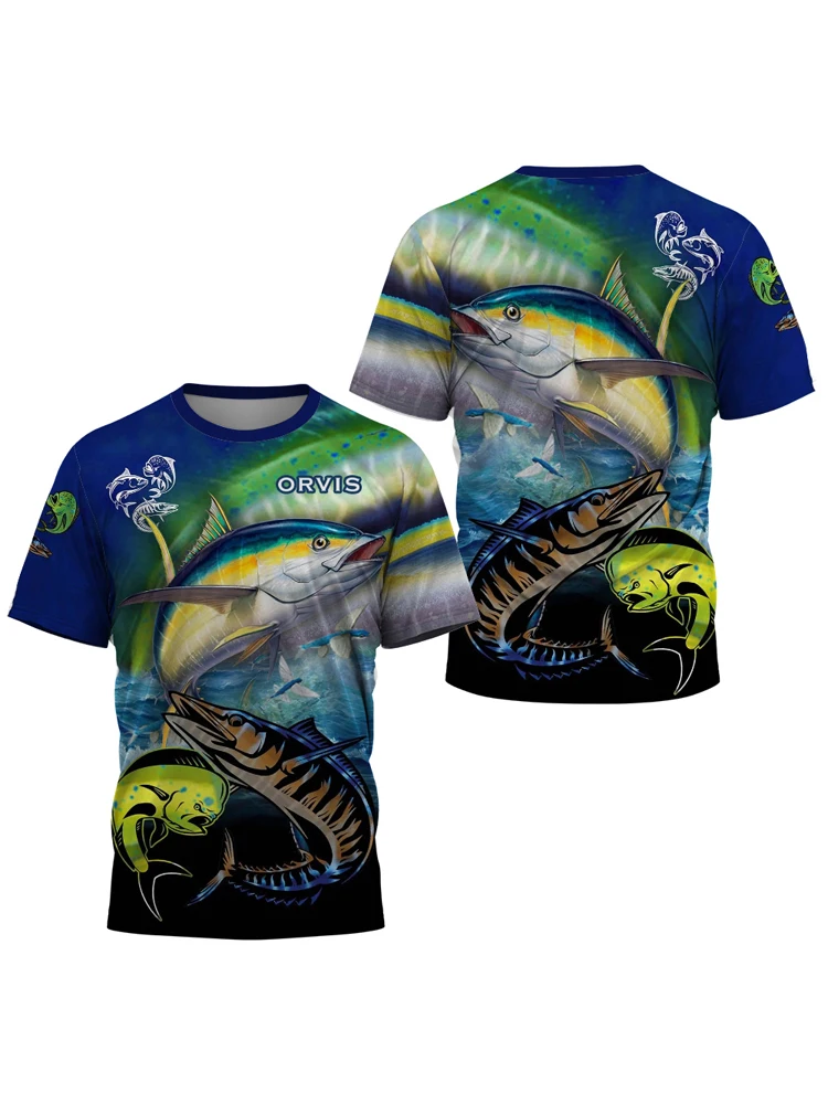 Bar flags and blue beaks Summer digital print pattern fishing Marine fish freshwater fish sports short sleeve