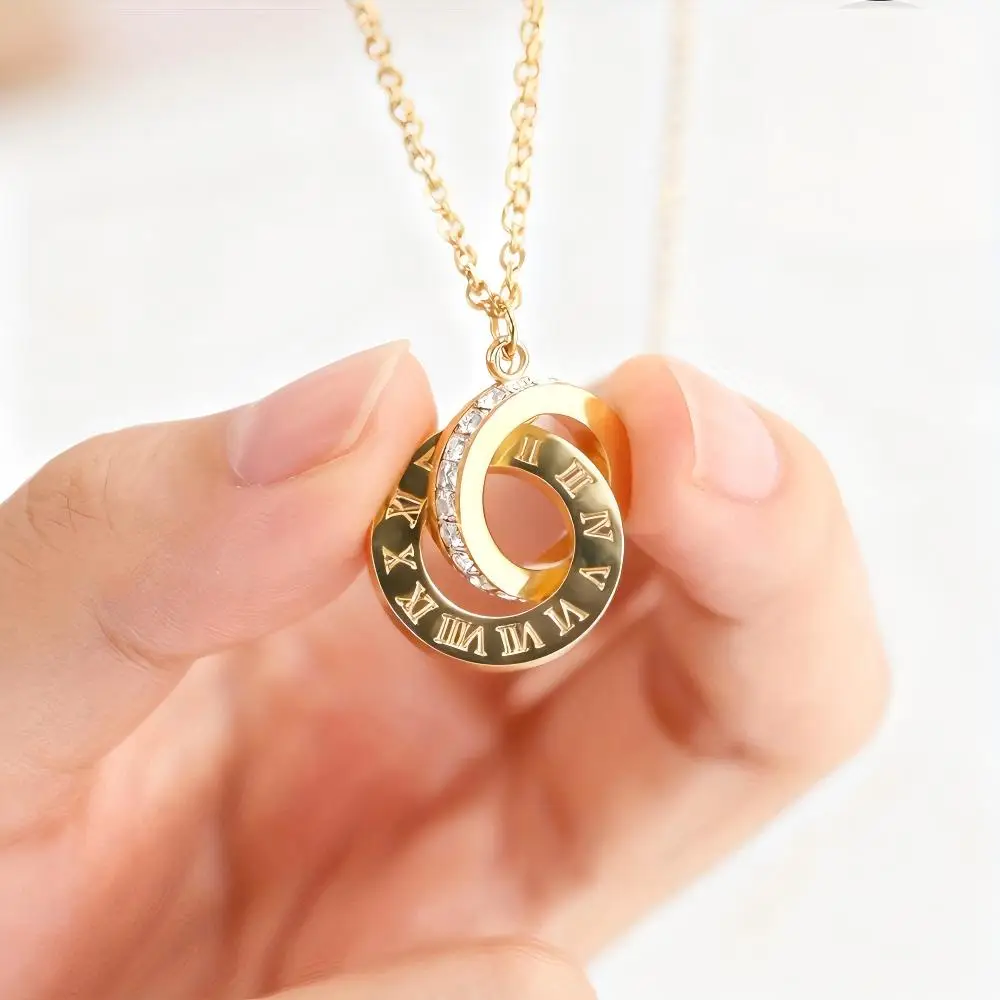 Elegant Rose Gold  Stainless Steel Jewelry Set - Double Ring Necklace & Earrings with CZ, Perfect Gift for Women view 2