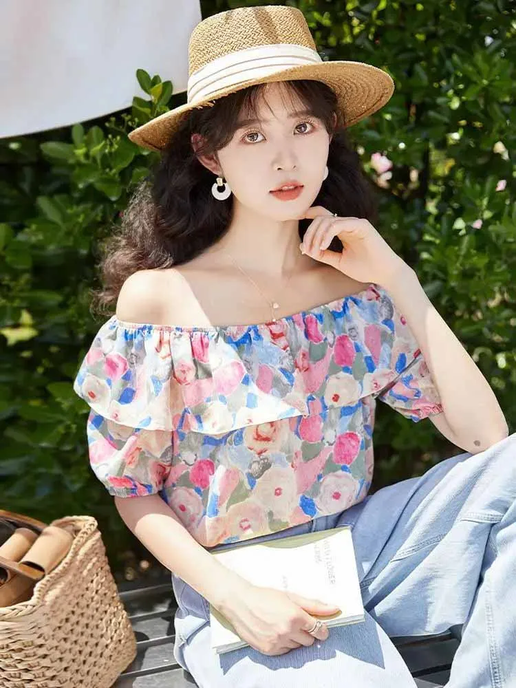 

Women's French Off Shoulder Puff Sleeve Floral Blouse Summer 2026 Chiffon Shirt Elegant Design Exclusive Top