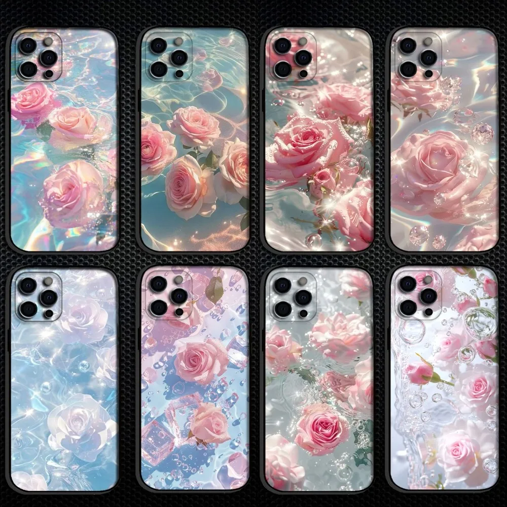 

Pink Rose in Water Phone Case For iPhone 16,15,14,13,12,11 Plus,Pro Max, Soft Silicone Black Cover