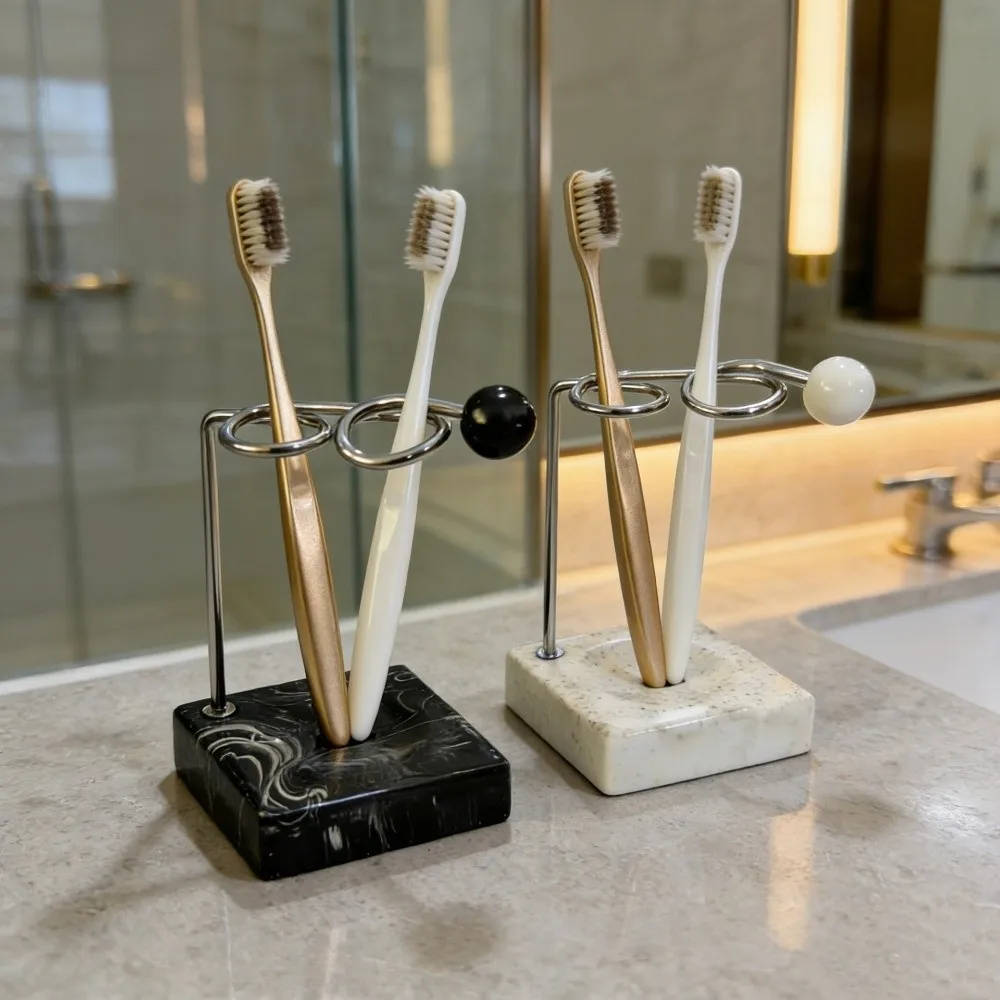 Luxury Look Resin Base Toothbrush Holder Metal Ring Dual Slot Bath Rack Marble Print Ball Decor Sink Organizer For Wash Area