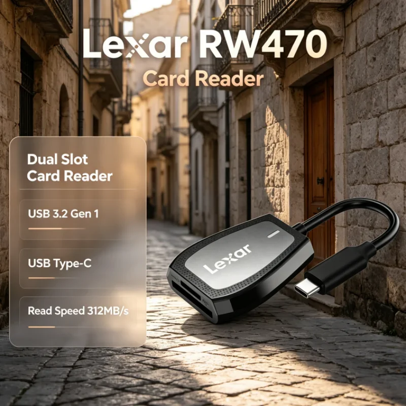 Lexar RW470 2-in-1 USB 3.2 Gen1 Type-C Dual Slot Card Reader SD microSD UHS-II Up to 312MB/s Read for Camera Data Transfer