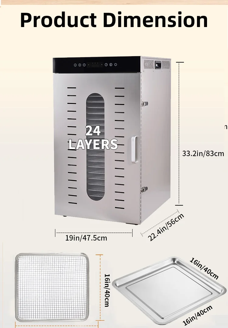 24 Trays Electric Stainless Steel Commercial Food Dehydrator Machine for Fruits Vegetables Meat Home Restaurant Use