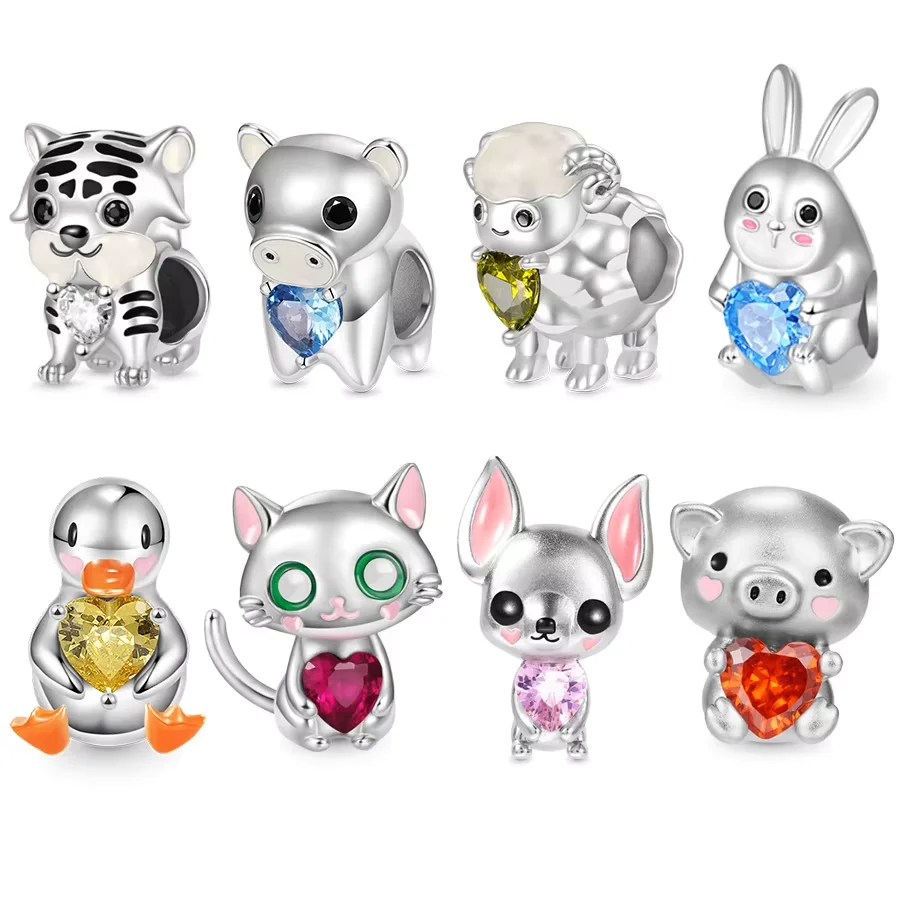 NEW Tiger Sheep Rabbit & Duck Embraces Heart Charm Beads Fit Original 925 Sterling Silver Bracelet DIY Jewelry For Womer