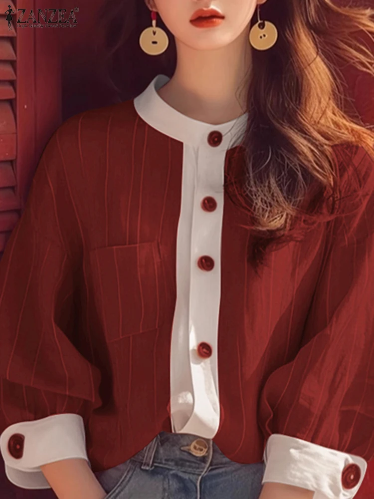 2025 Autumn Elegant Stripes Blouses ZANZEA Casual Drop Shoulder Shirts Women 3/4 Sleeve Tops Casual Splicing Open Up Tunics